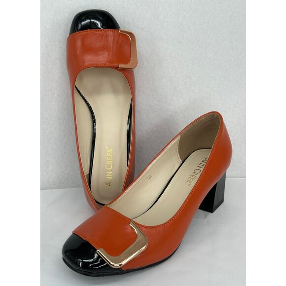 Ann Creek NWOT Angela Orange Black Square Toe Chunky Heel Pumps 7M - Picture 1 of 8